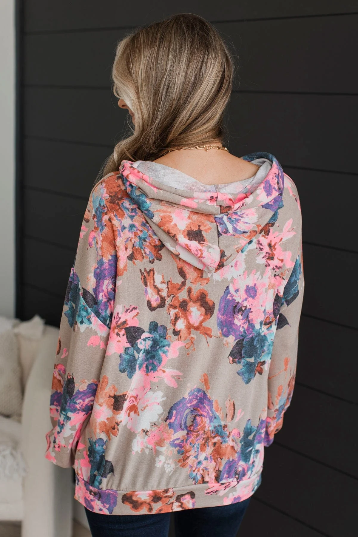 Lively Spirit Floral Hooded Top- Taupe & Neon Pink - Image 6