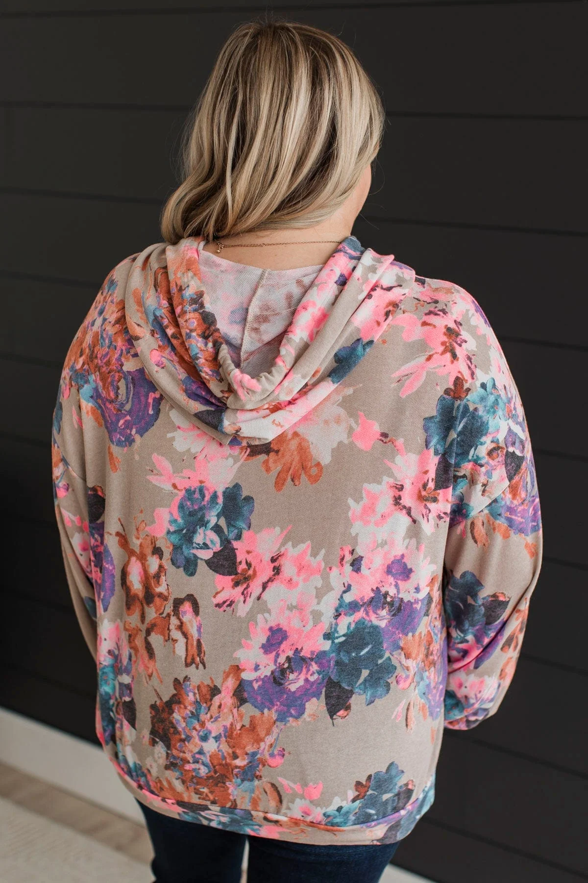 Lively Spirit Floral Hooded Top- Taupe & Neon Pink - Image 8