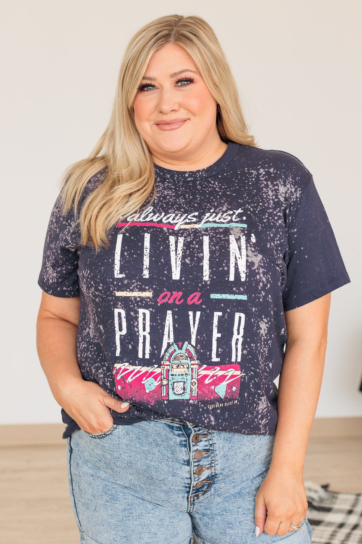 "Livin' On A Prayer" Bleached Graphic Tee- Navy - Image 6