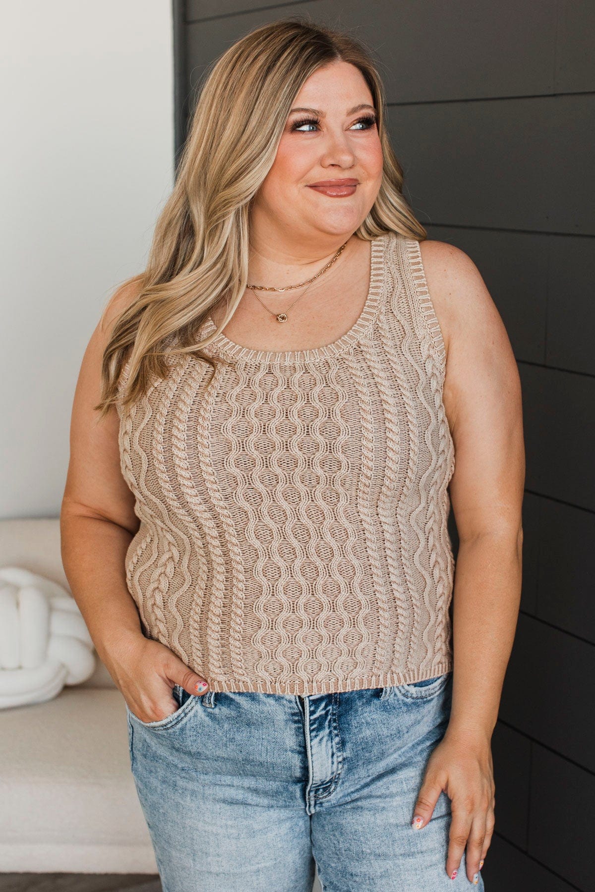 Living Carefree Cable Knit Tank Top- Oatmeal - Image 3