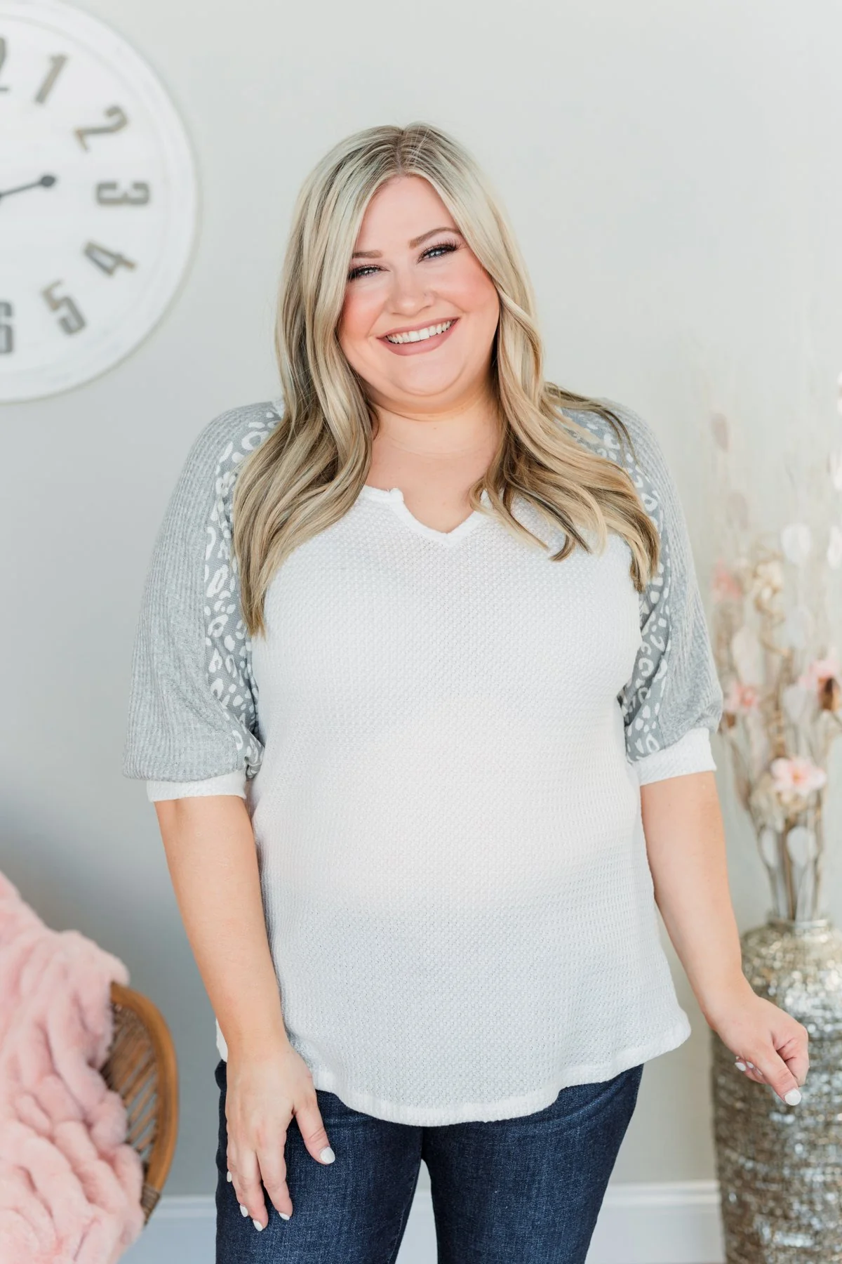 Living For Love Leopard Color Block Top- Off White & Grey - Image 2