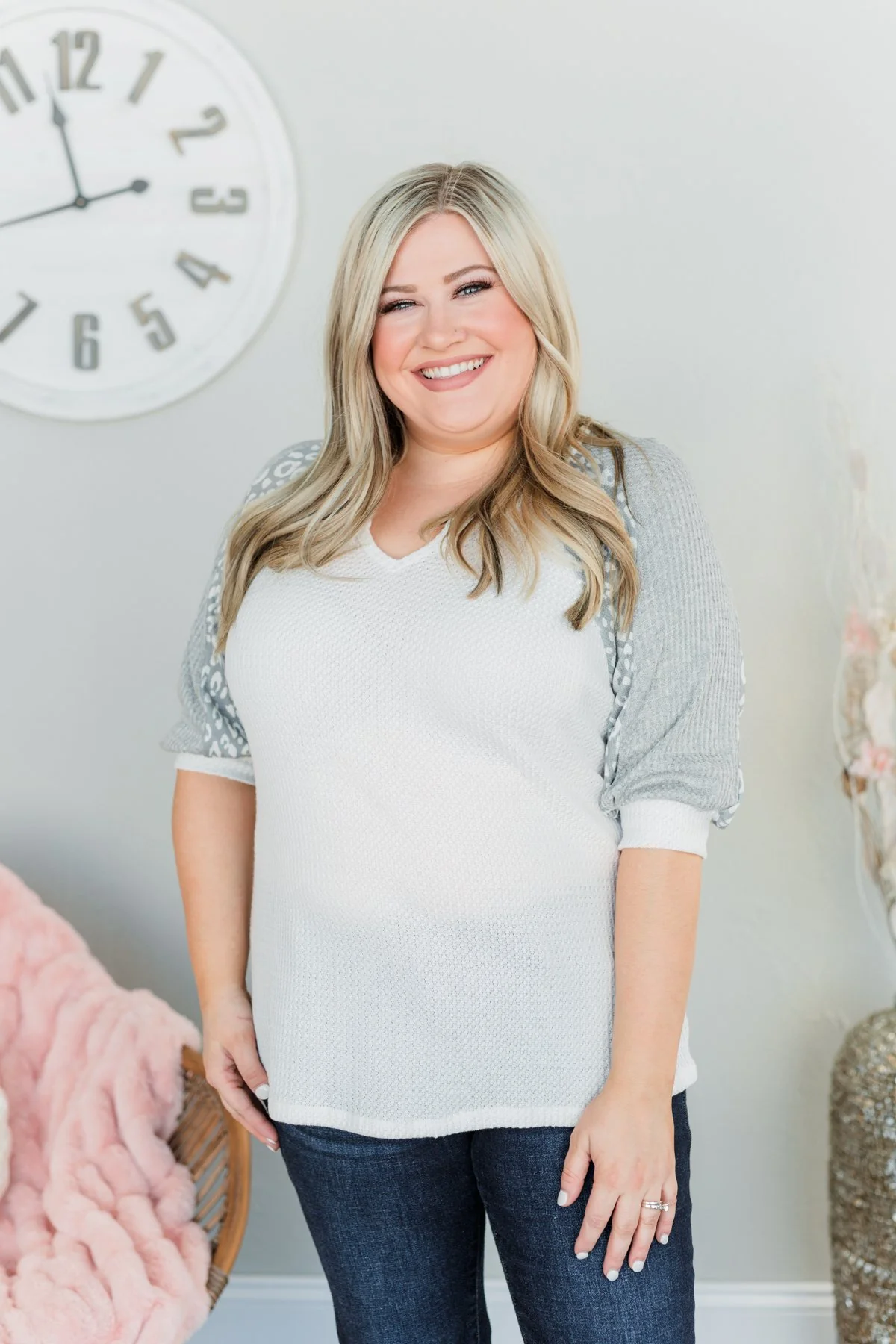 Living For Love Leopard Color Block Top- Off White & Grey - Image 4