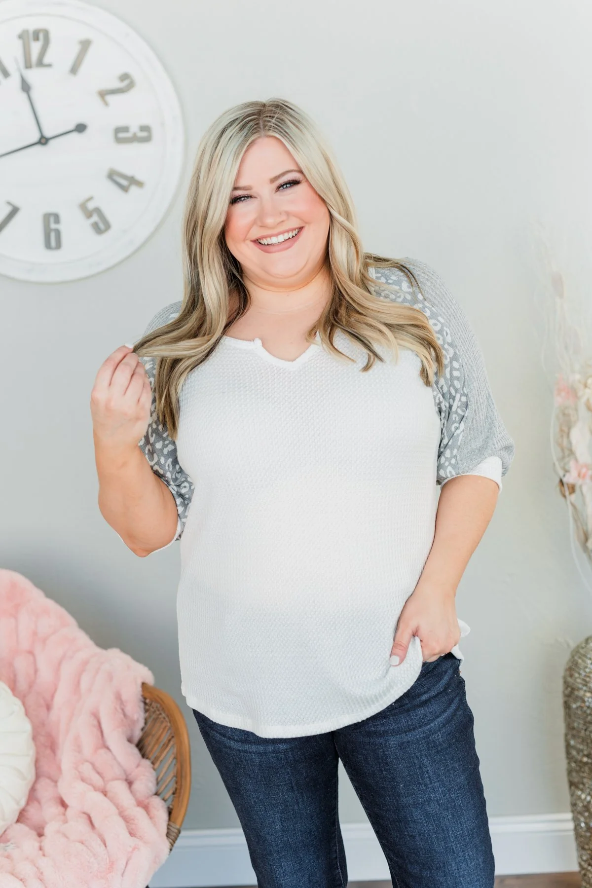 Living For Love Leopard Color Block Top- Off White & Grey - Image 6