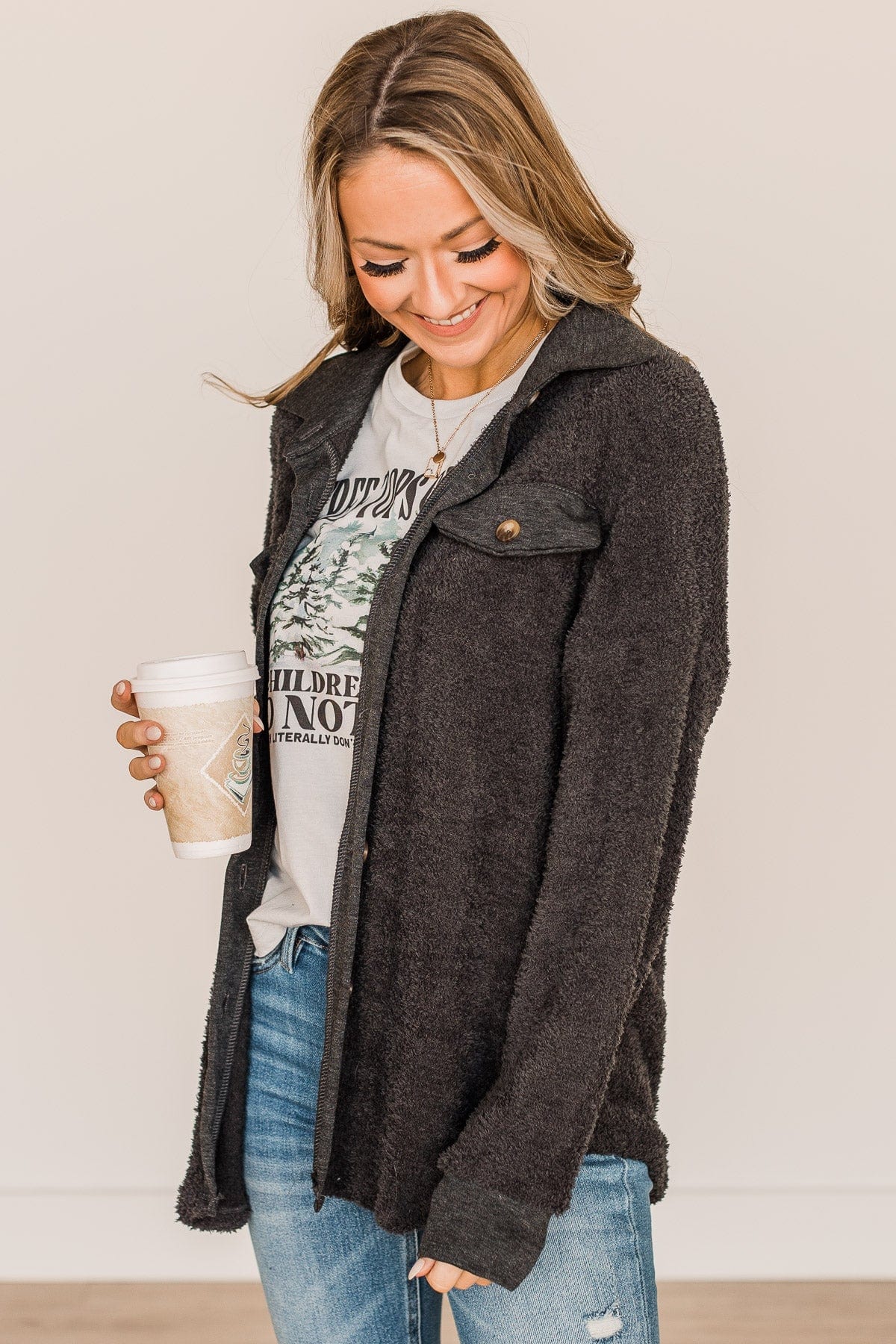 Living For Style Fuzzy Knit Button Top- Dark Charcoal - Image 4