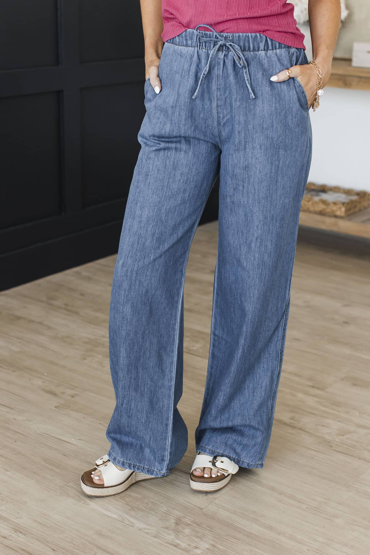 Living For The Moment Drawstring Denim Pants- Medium Wash