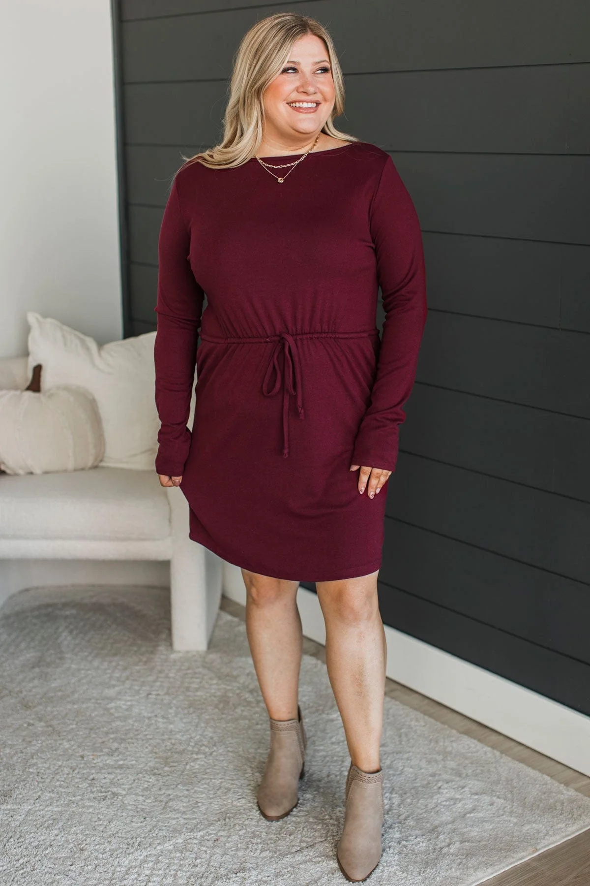 Living For Tonight Long Sleeve Dress- Wine - Image 4