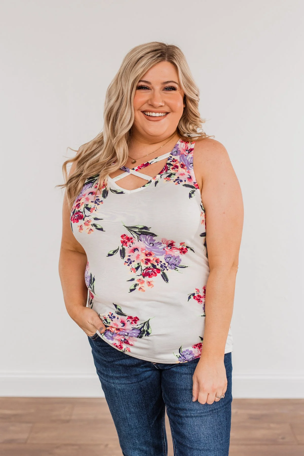 Living In Paradise Floral Criss-Cross Tank- Ivory - Image 3