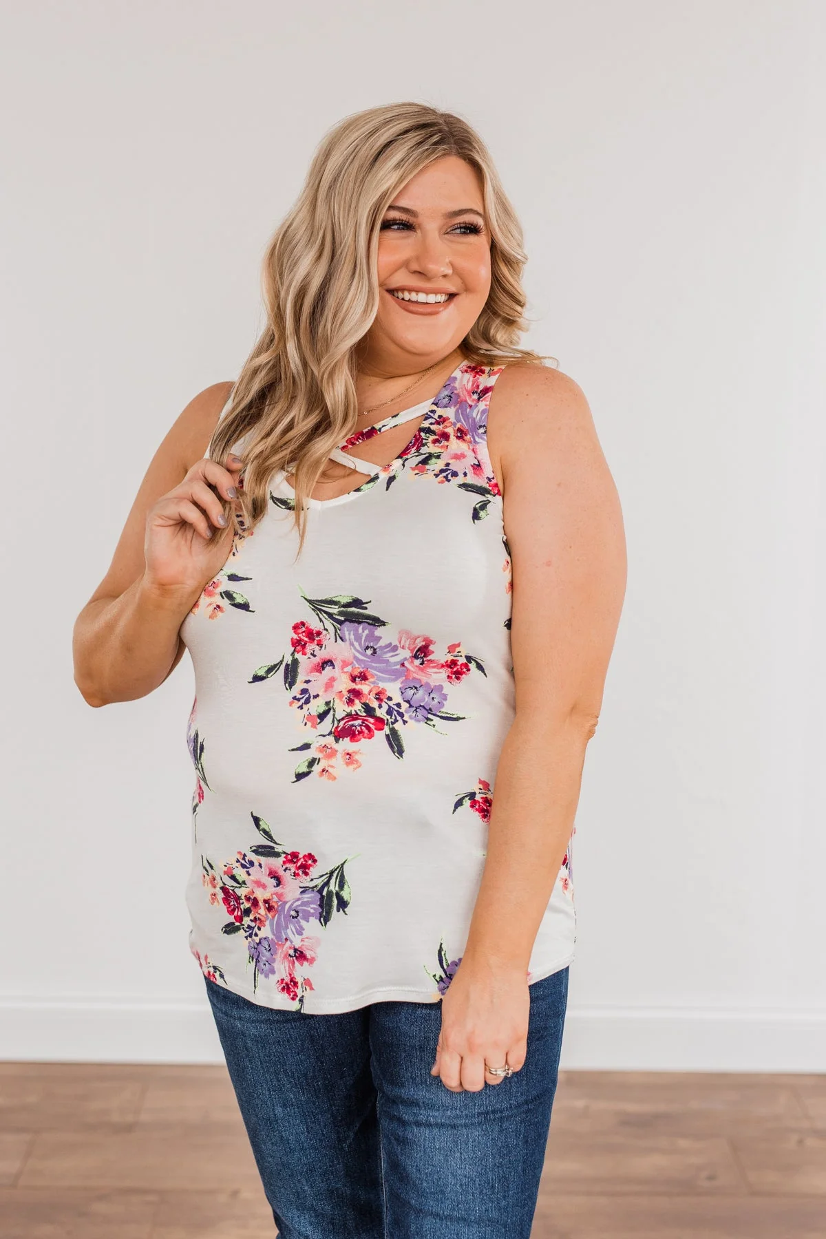 Living In Paradise Floral Criss-Cross Tank- Ivory - Image 5