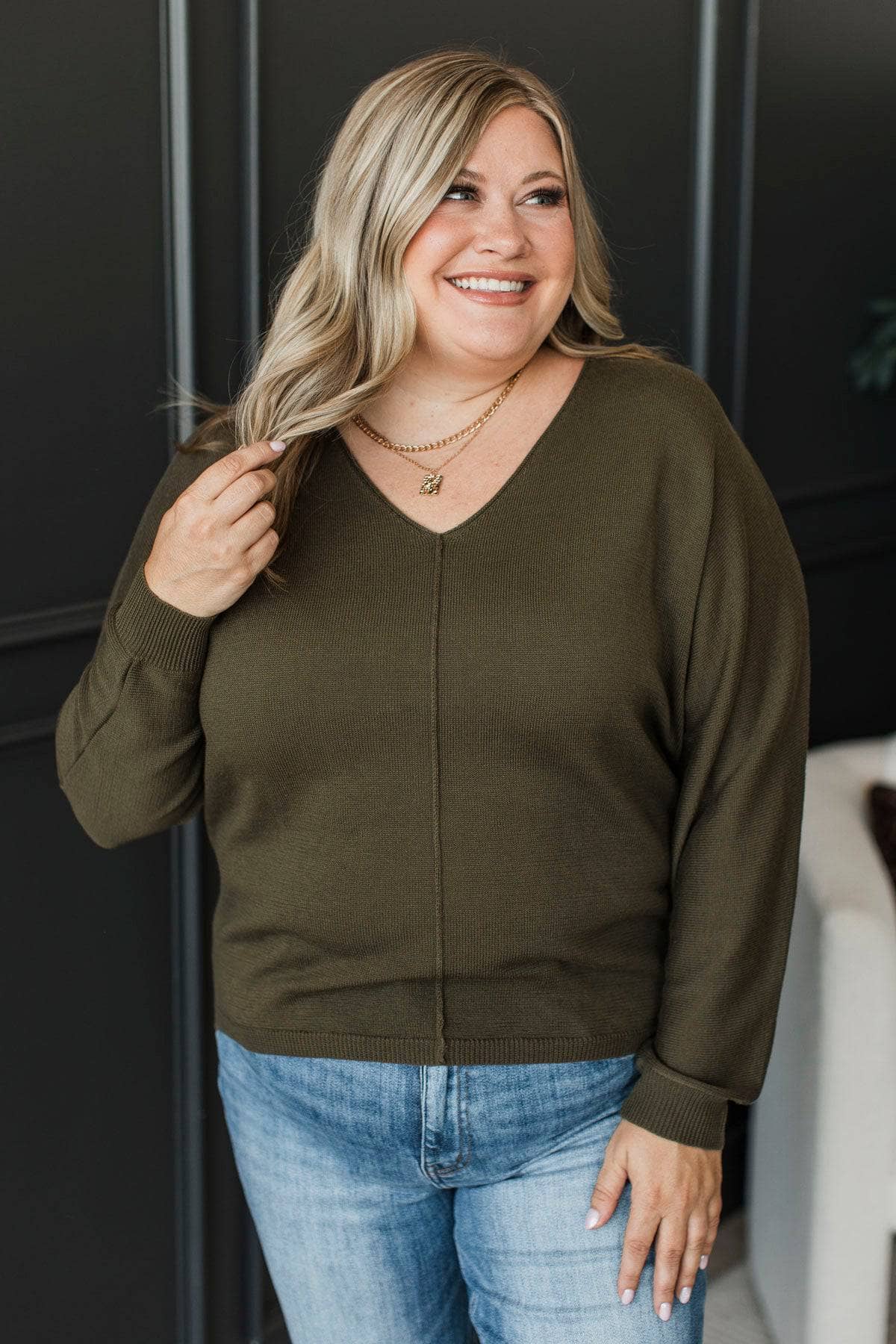 Living In The Now Lightweight Sweater- Dark Olive - Image 4