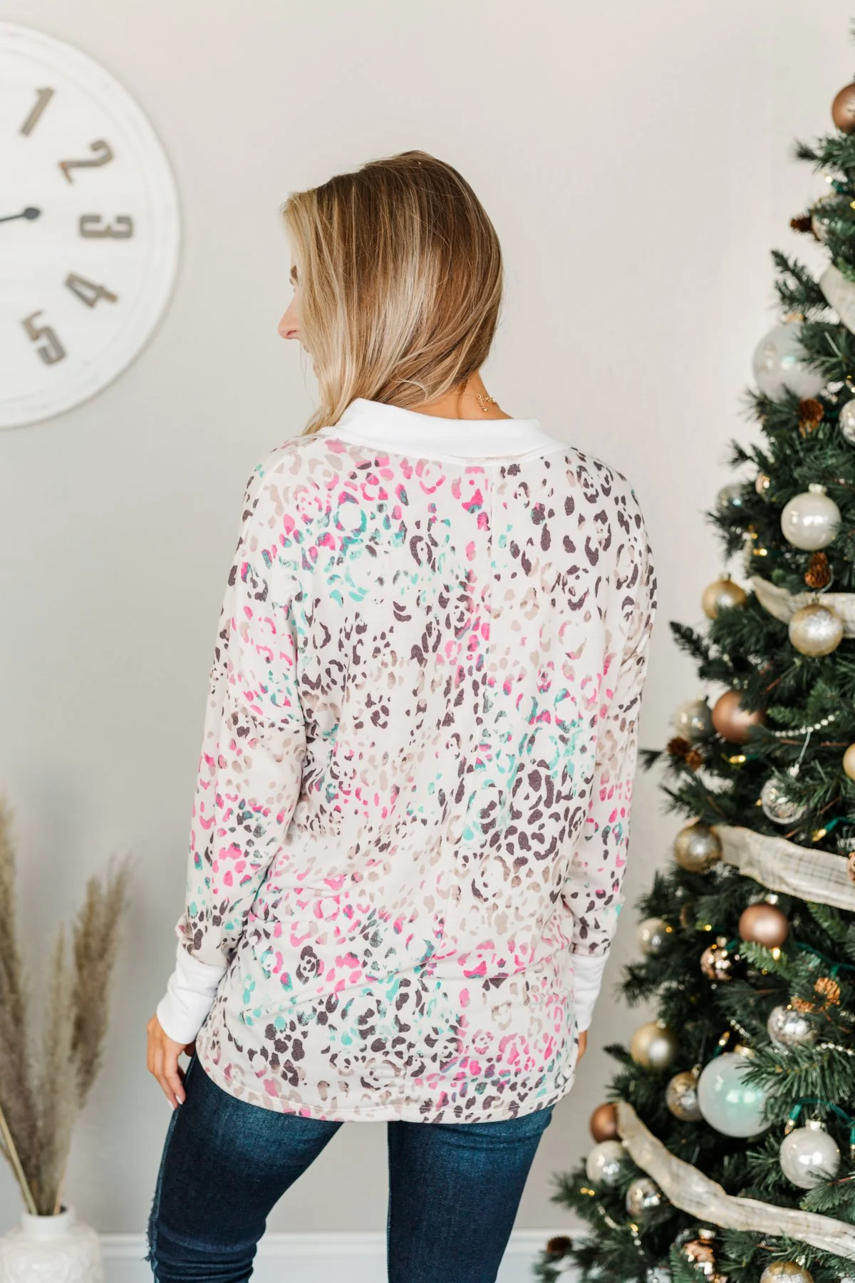 Living It Up Long Sleeve Lounge Top- Cream & Multi-Color - Image 5
