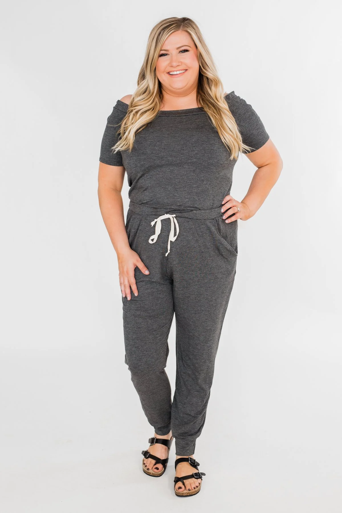 Living My Life Drawstring Jogger Jumpsuit- Charcoal - Image 6