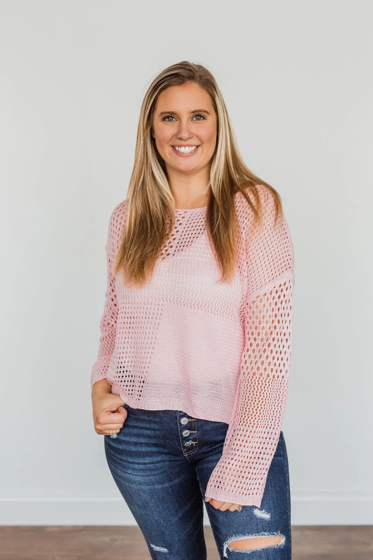 Living With Purpose Open Knit Sweater- Light Pink - Image 6