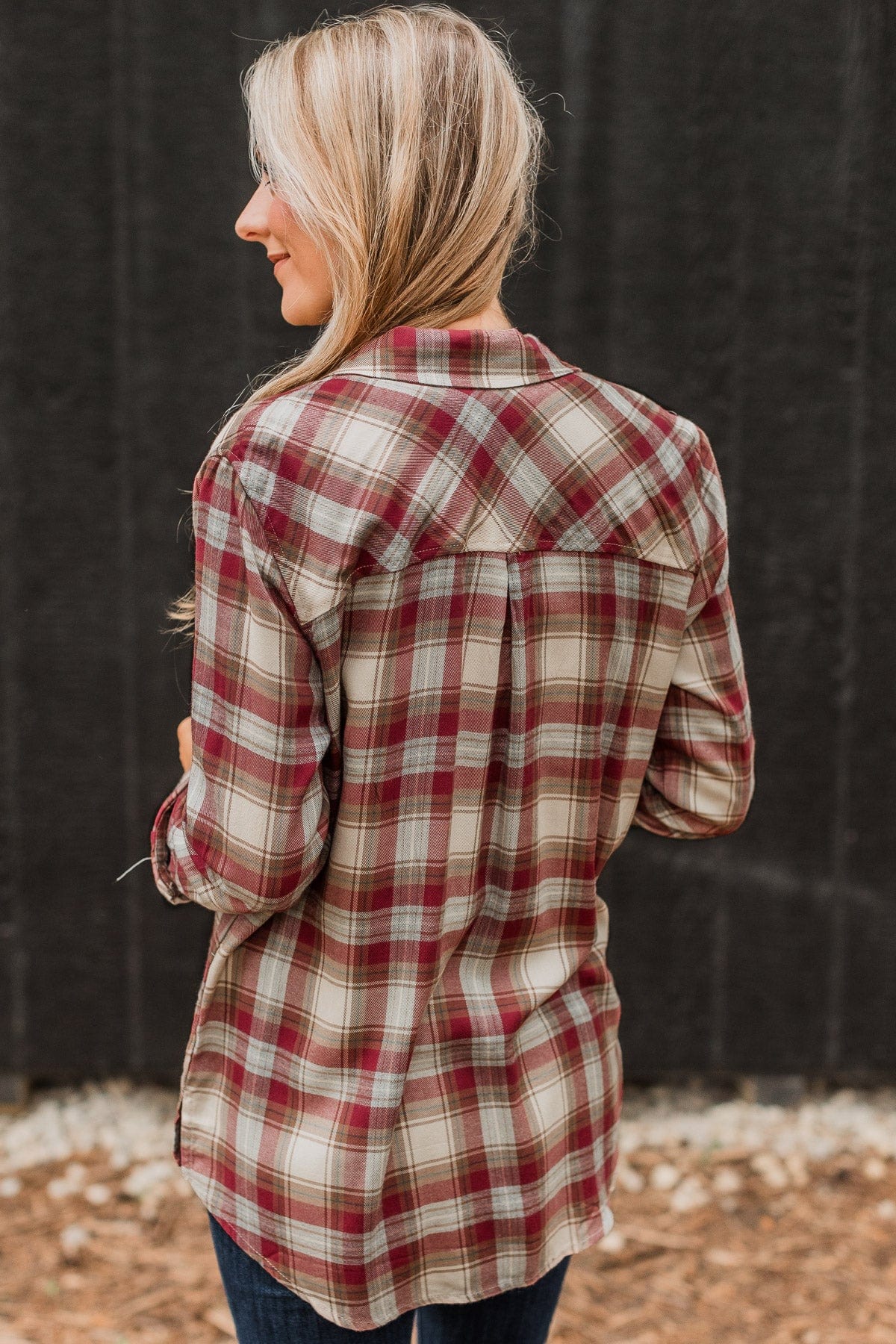 Locked Gaze Plaid Button Top- Wine - Image 7