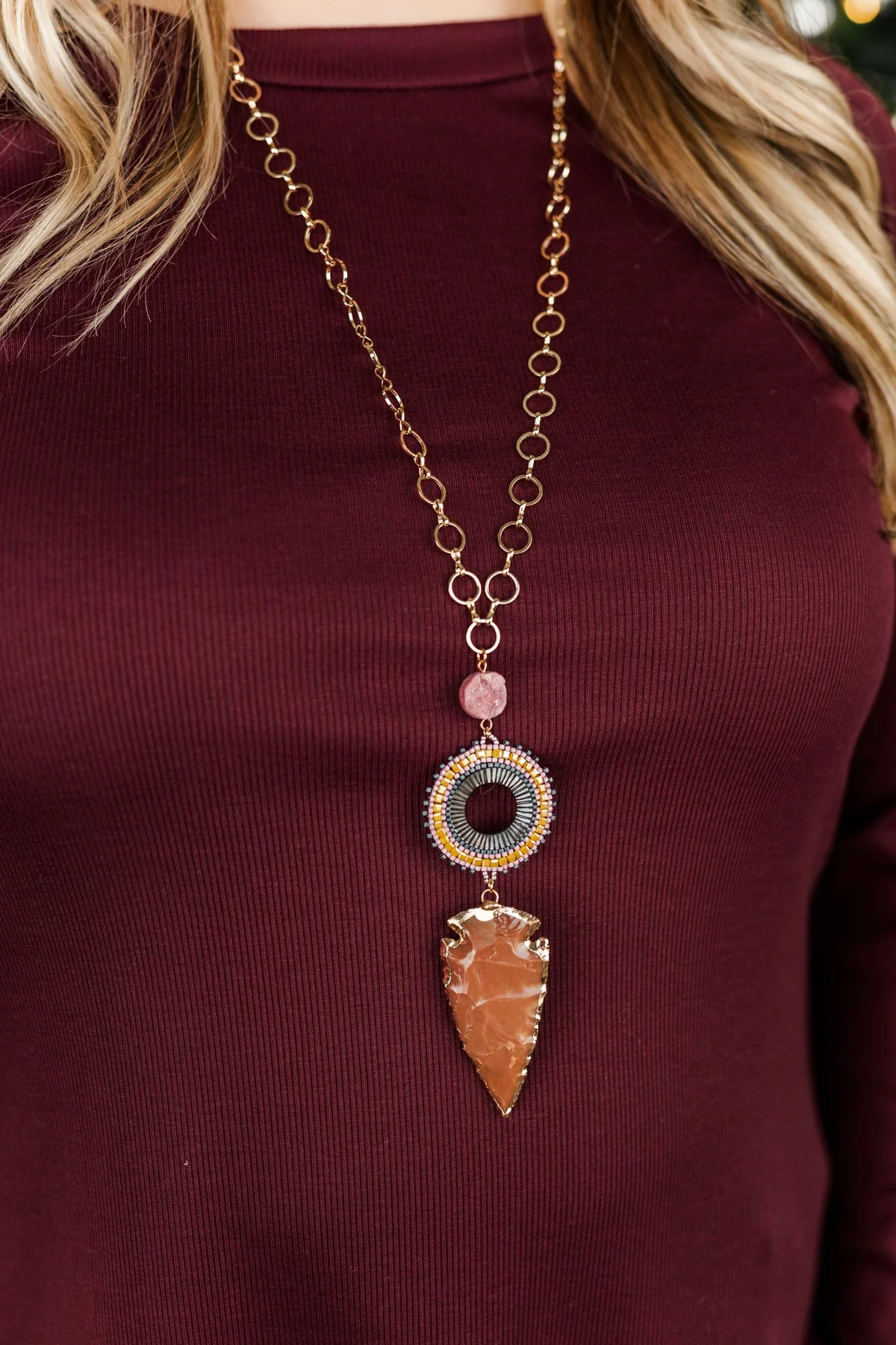 Long Arrowhead Pendant Gold Necklace- Purple - Image 3