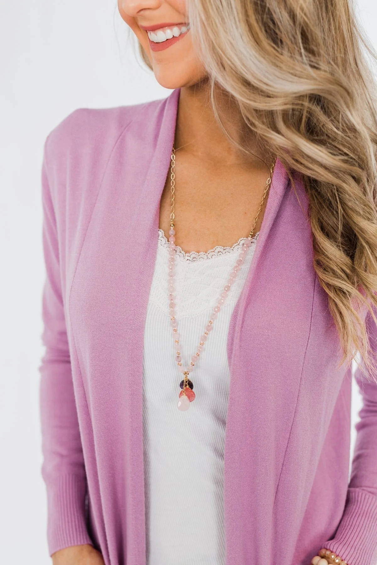 Long Beaded Crystal Necklace- Gold & Pink - Image 3