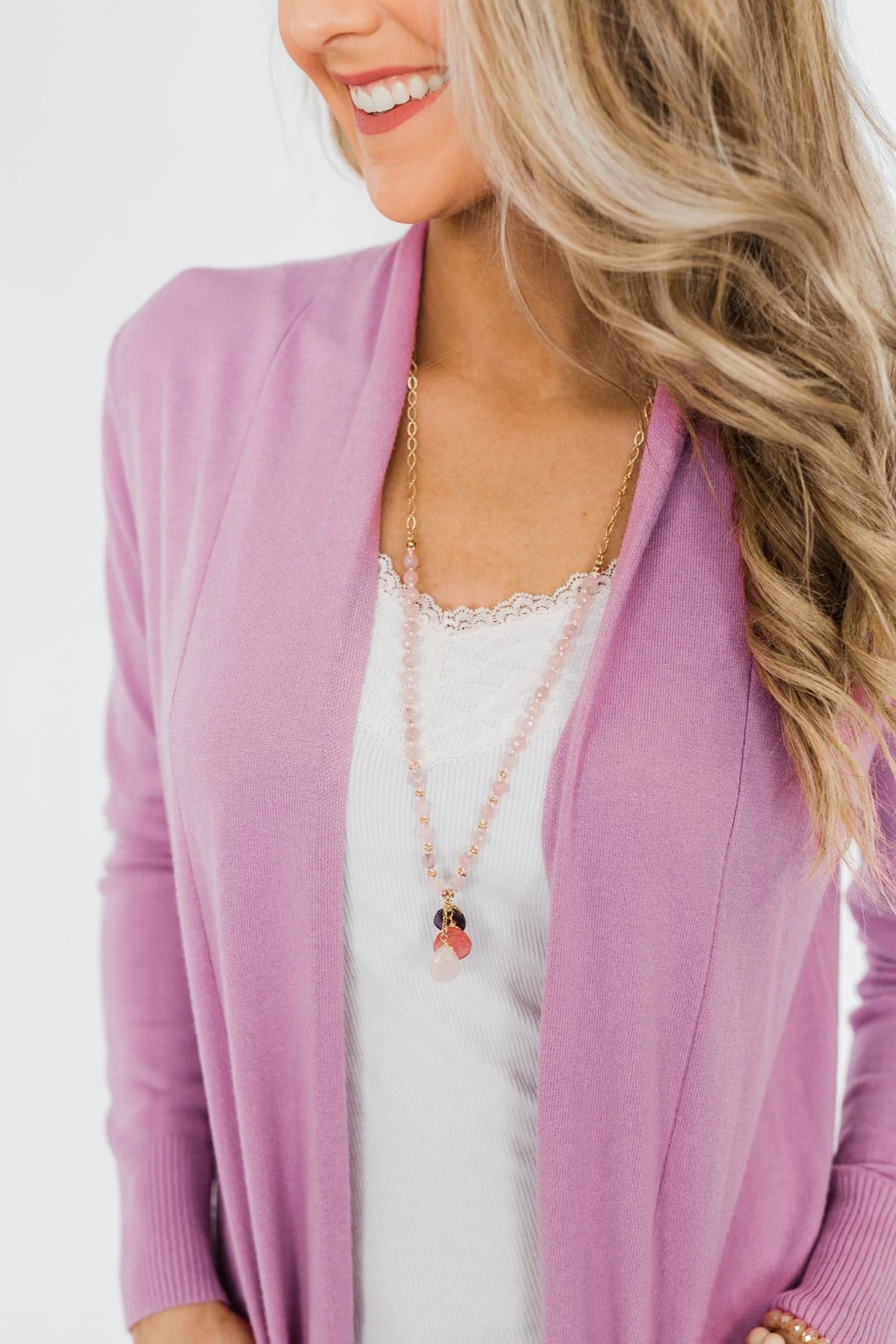 Long Beaded Crystal Necklace- Gold & Pink - Image 4
