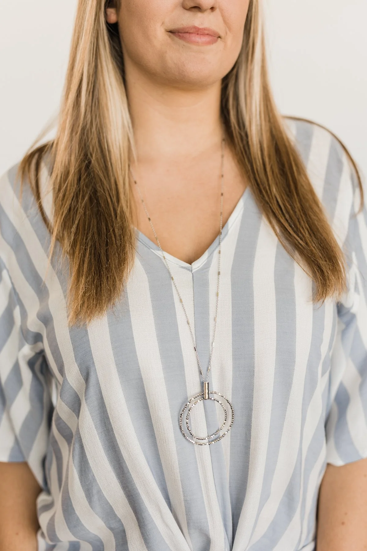 Long Beaded Double Circle Necklace- Silver - Image 2