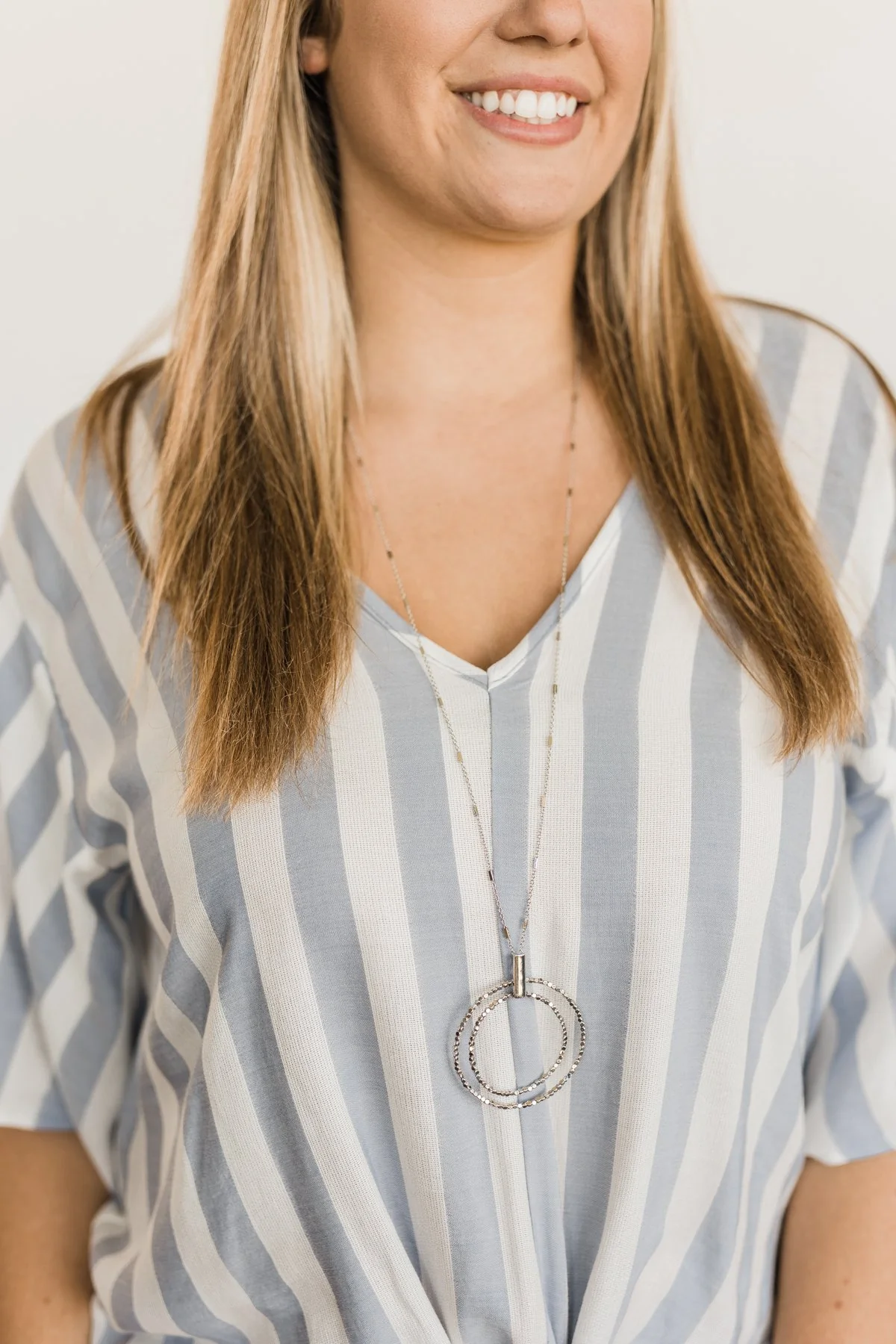 Long Beaded Double Circle Necklace- Silver - Image 3