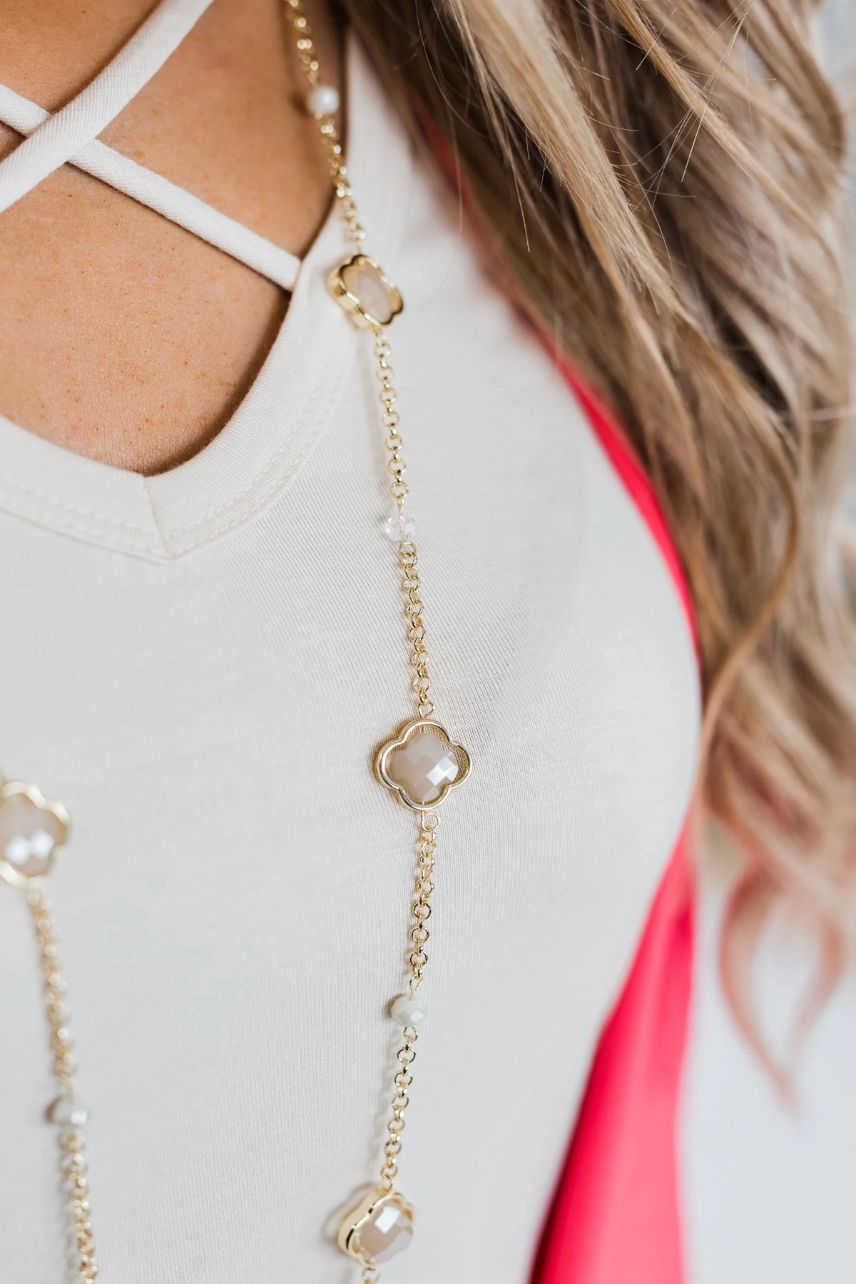 Long Beaded Pendant Necklace- Gold - Image 2