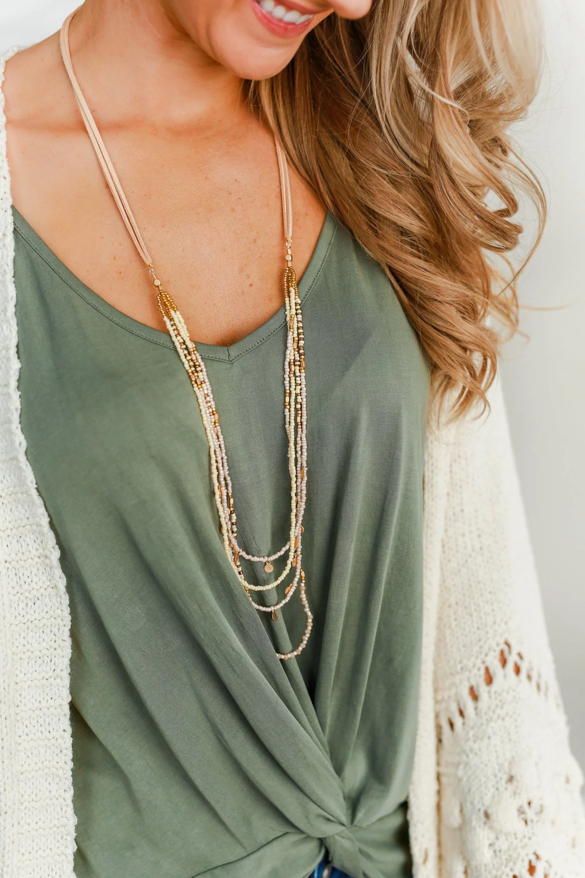 Long Beaded Suede Necklace- Natural & Ivory