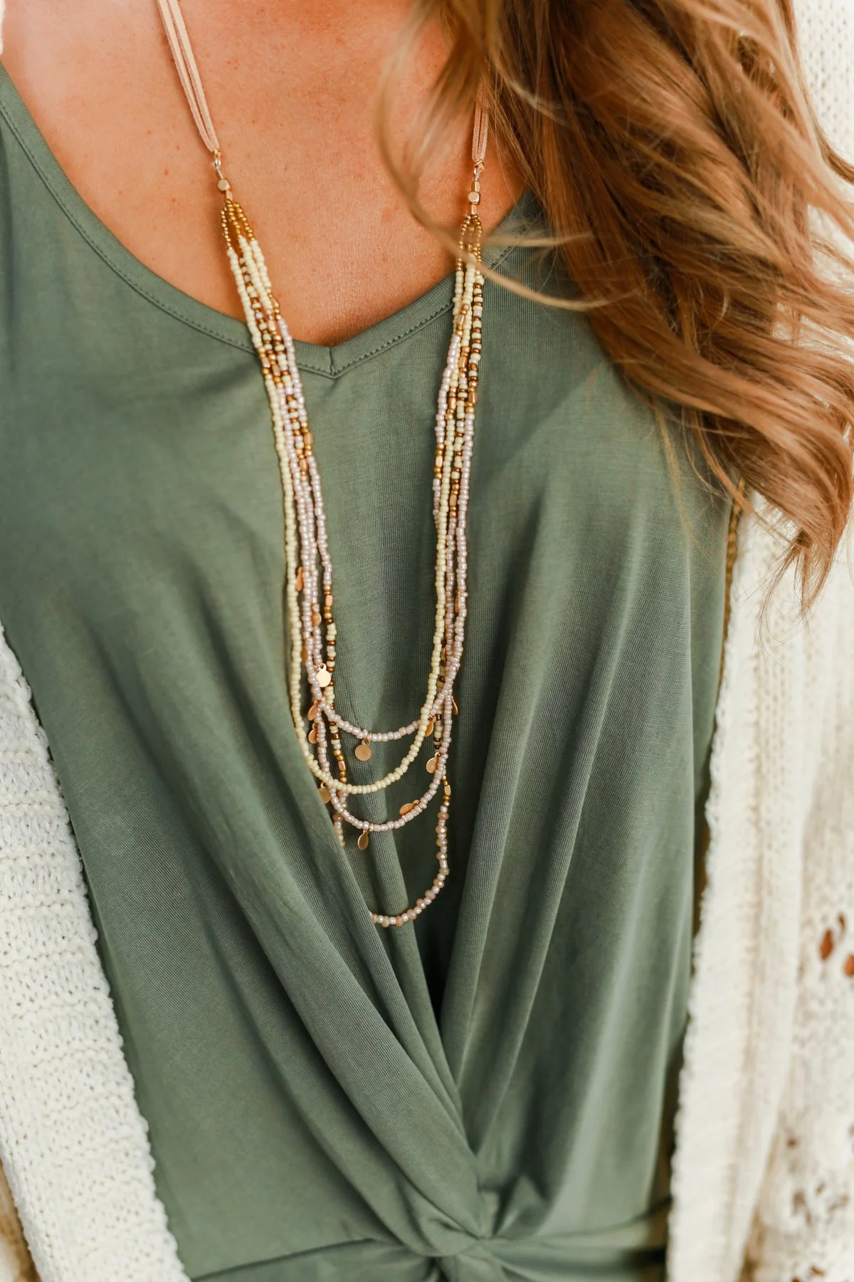 Long Beaded Suede Necklace- Natural & Ivory - Image 2