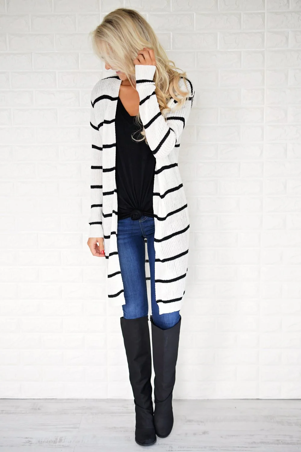 Long Black and White Striped Cardigan - Image 2