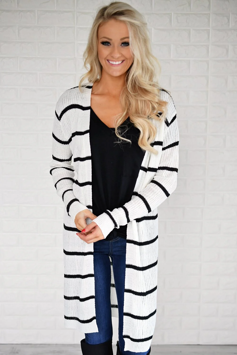 Long Black and White Striped Cardigan - Image 3