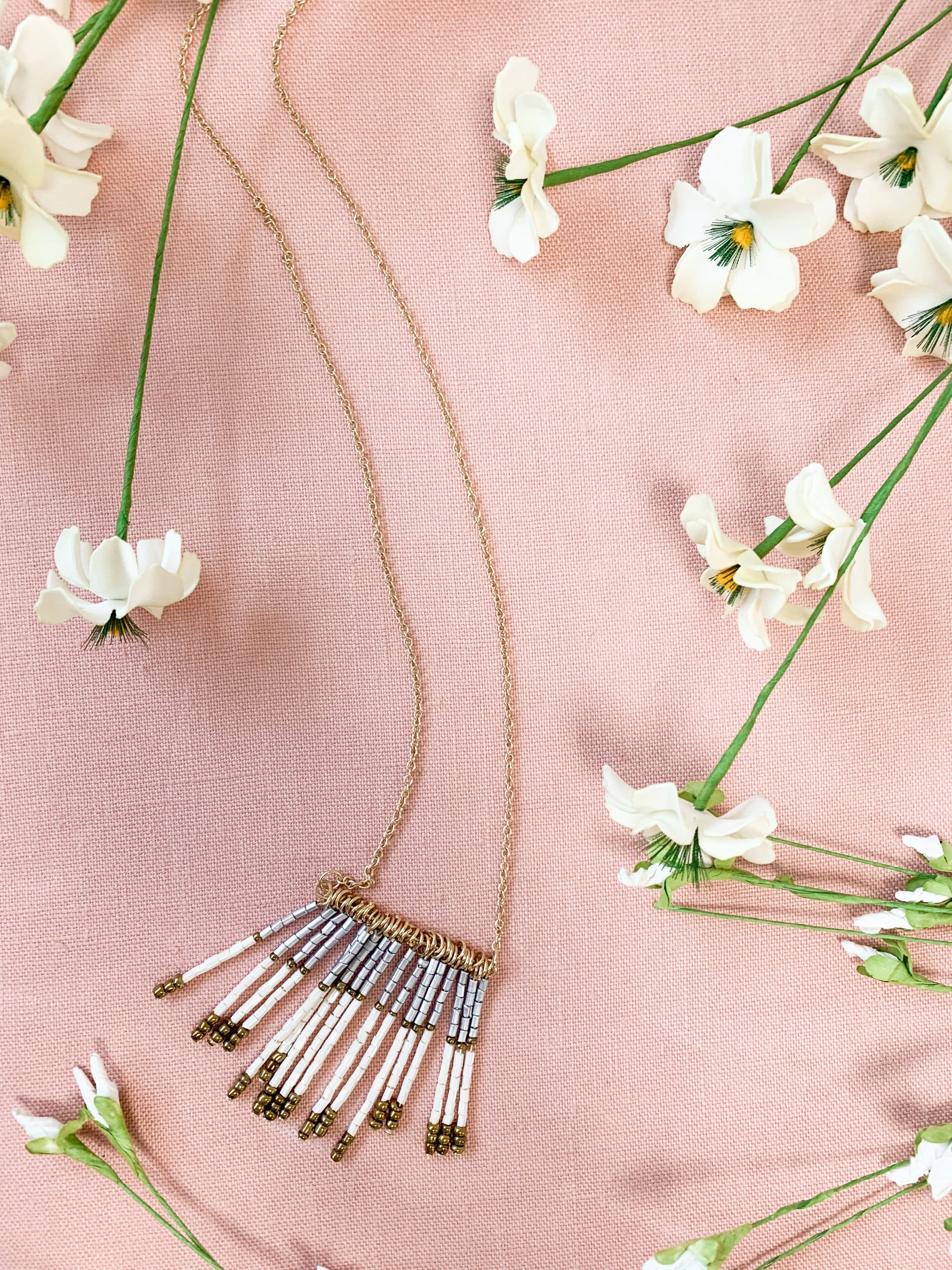 Long Gold Beaded Tassel Necklace- Ivory