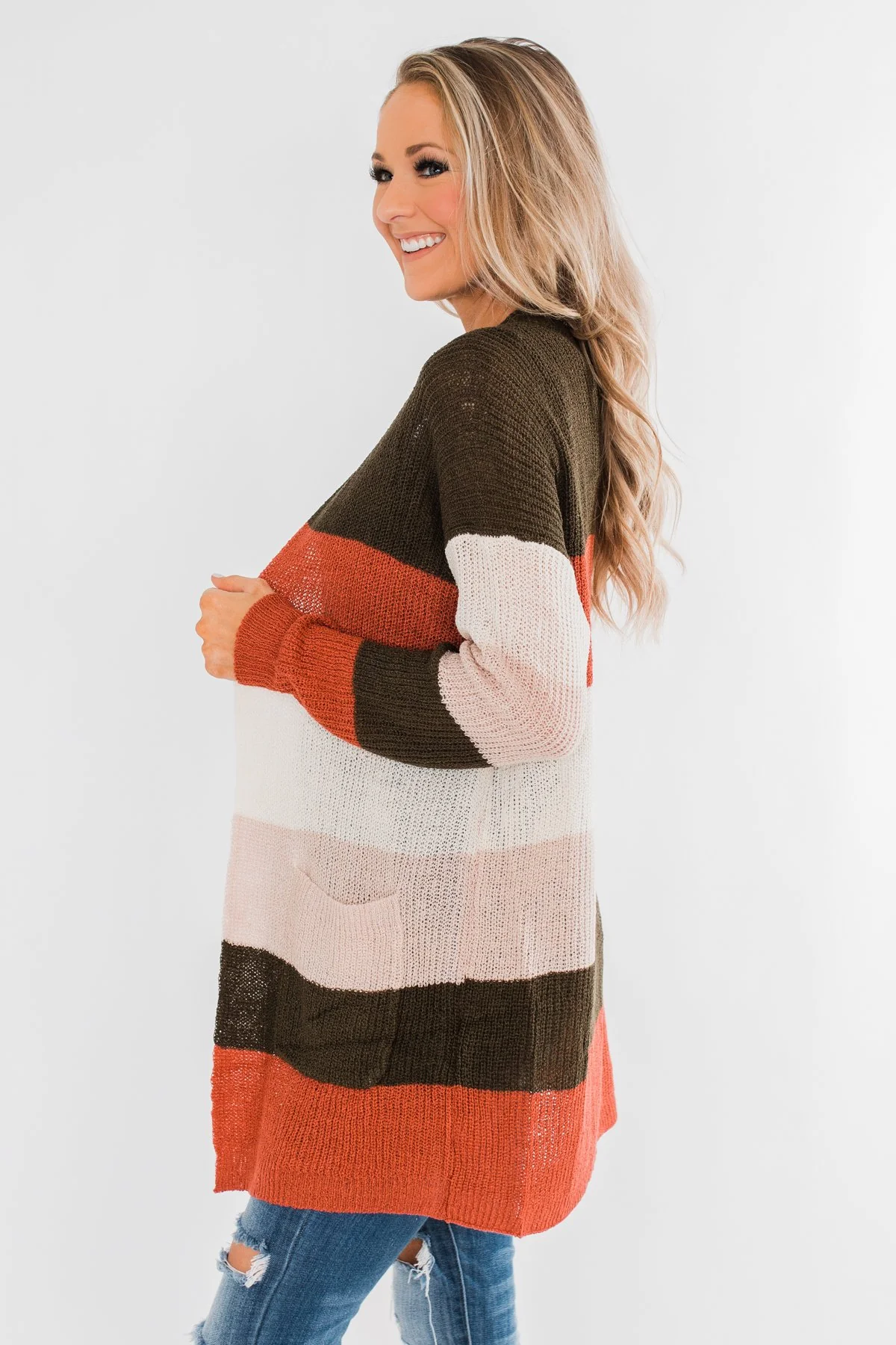 Long Knitted Color Block Cardigan- Forest Tones - Image 10