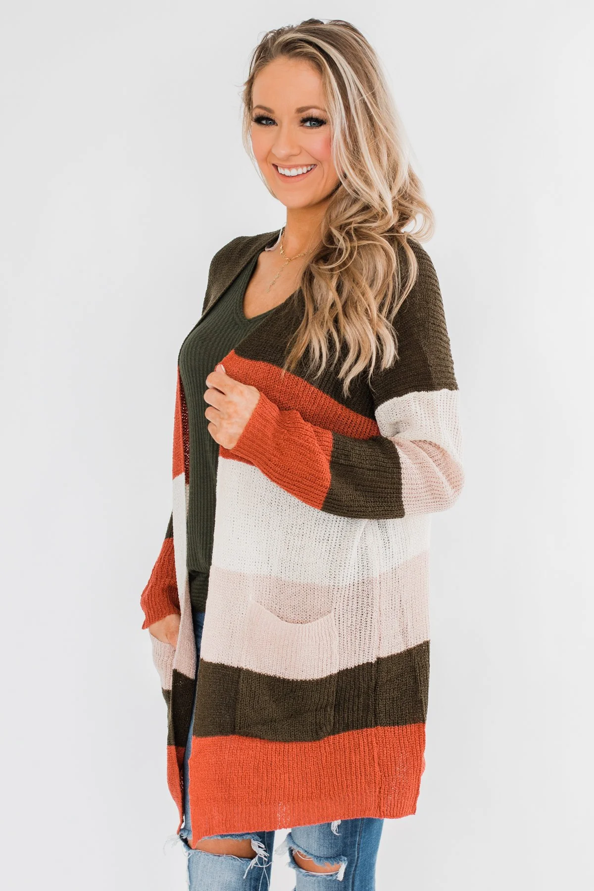 Long Knitted Color Block Cardigan- Forest Tones - Image 3