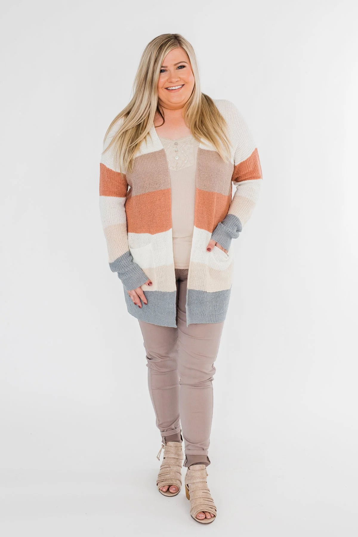 Long Knitted Color Block Cardigan- Neutral Tones - Image 4