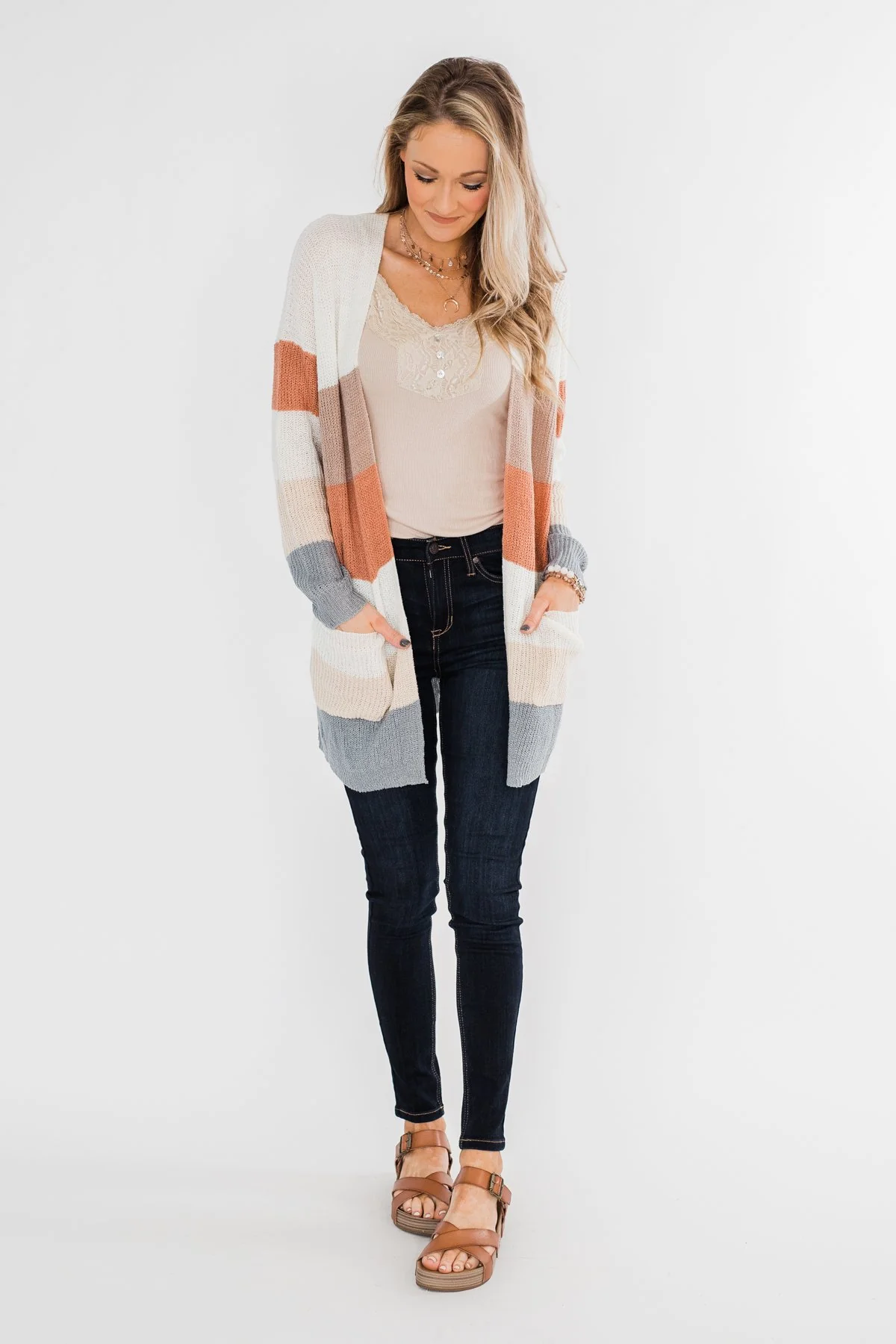 Long Knitted Color Block Cardigan- Neutral Tones - Image 5