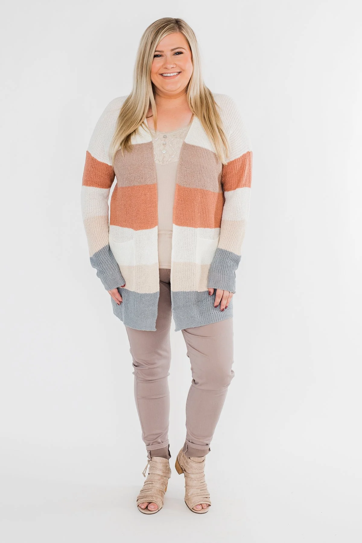 Long Knitted Color Block Cardigan- Neutral Tones - Image 6
