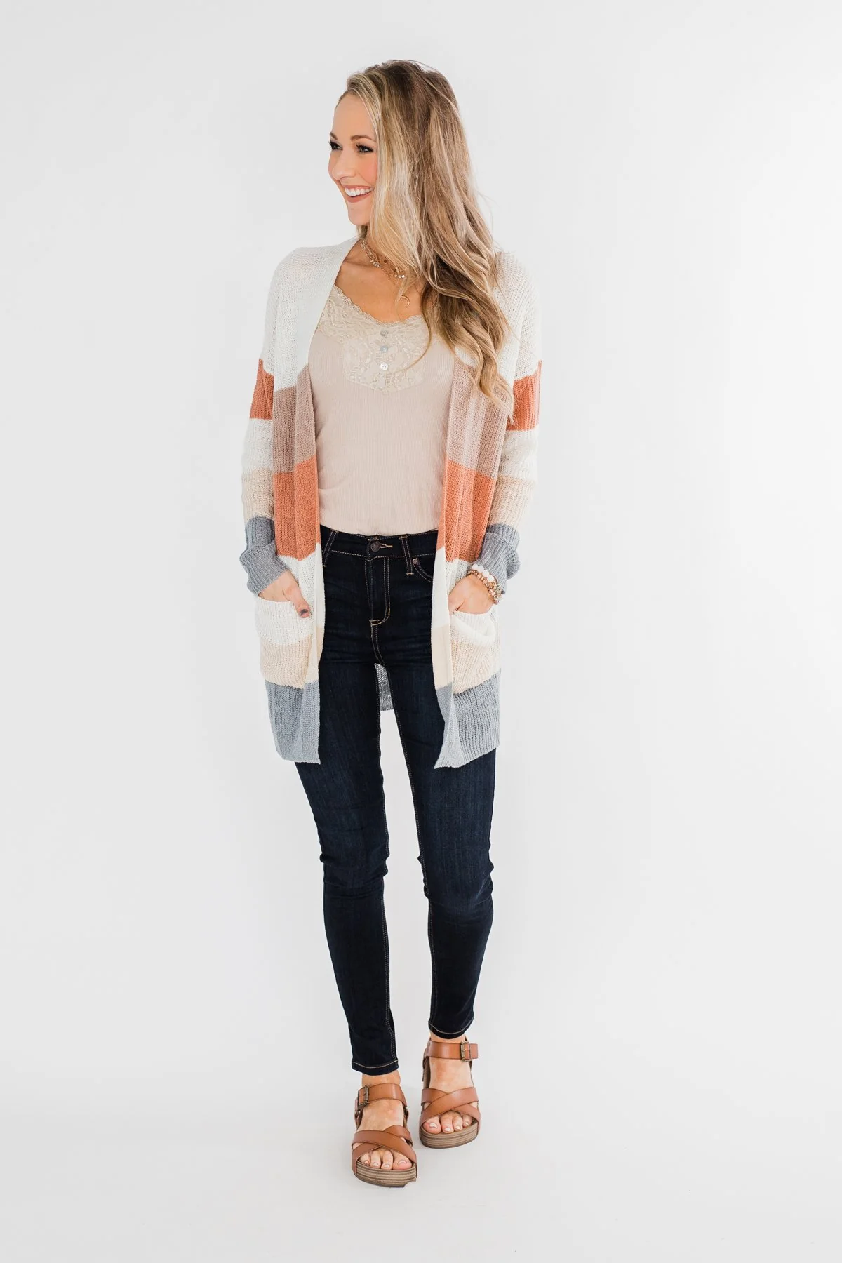 Long Knitted Color Block Cardigan- Neutral Tones - Image 7