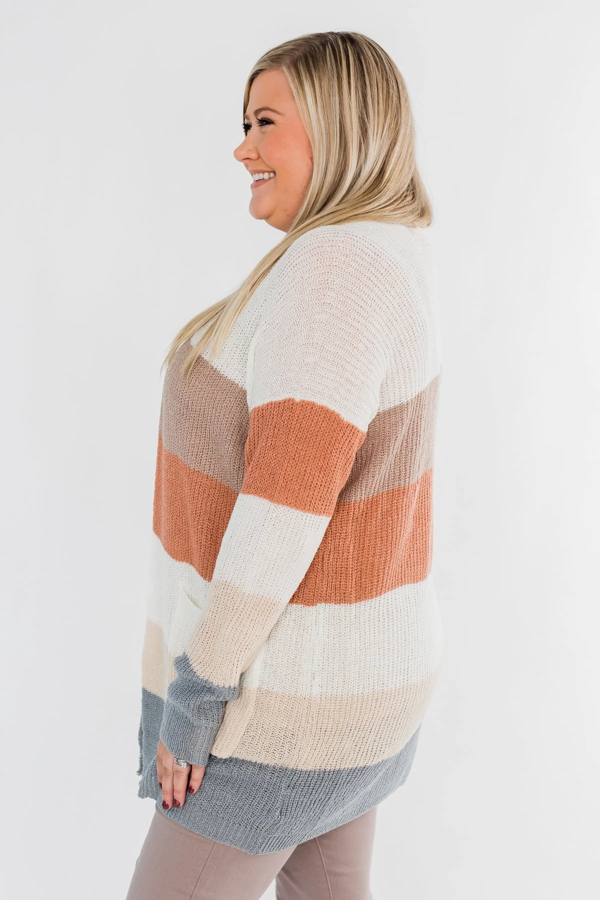 Long Knitted Color Block Cardigan- Neutral Tones - Image 8