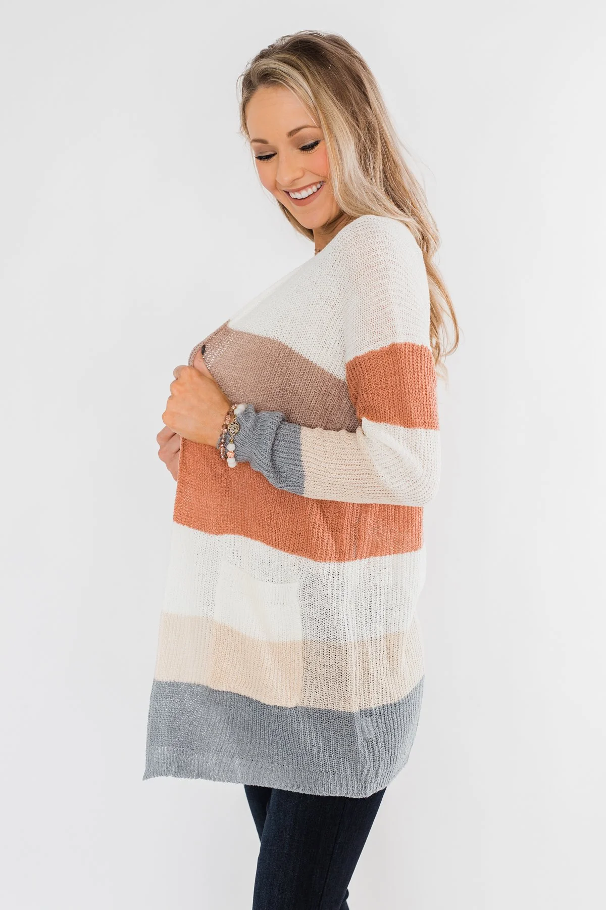 Long Knitted Color Block Cardigan- Neutral Tones - Image 9