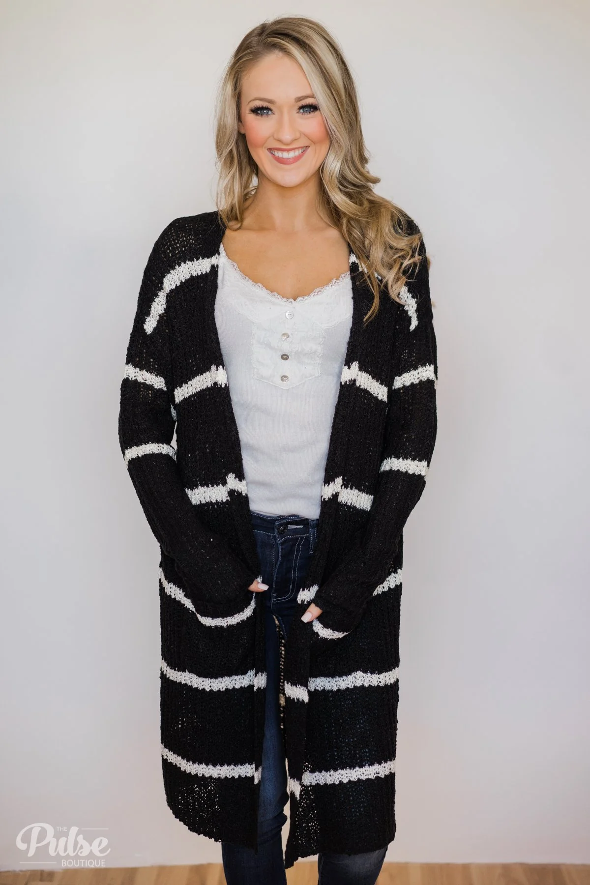 Long Knitted Striped Cardigan- Black - Image 3