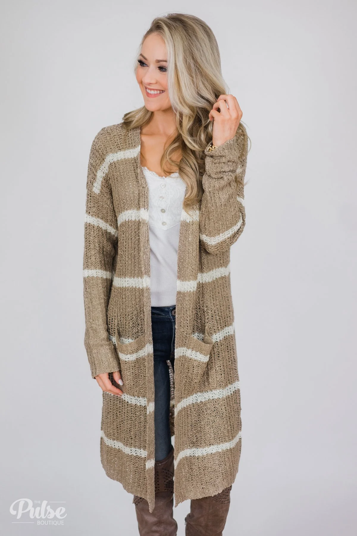 Long Knitted Striped Cardigan- Taupe & Ivory - Image 2