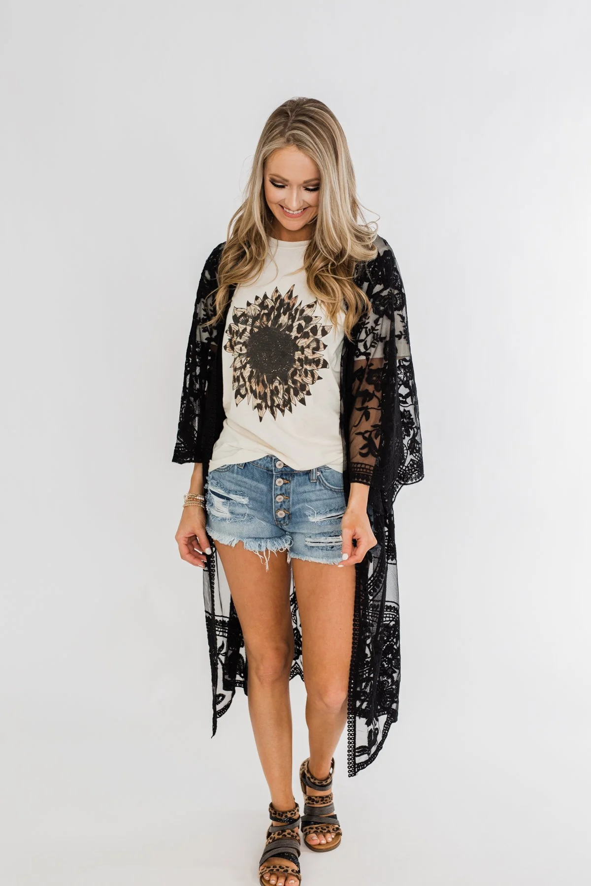 Long Sheer Floral Lace Kimono- Black - Image 2