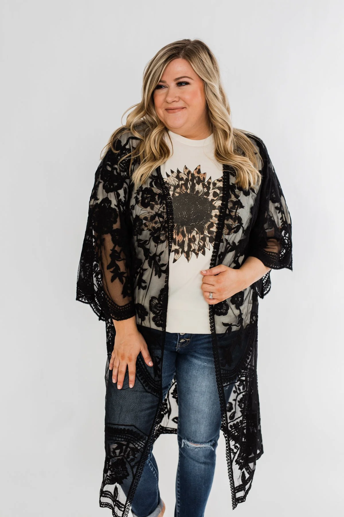Long Sheer Floral Lace Kimono- Black - Image 5