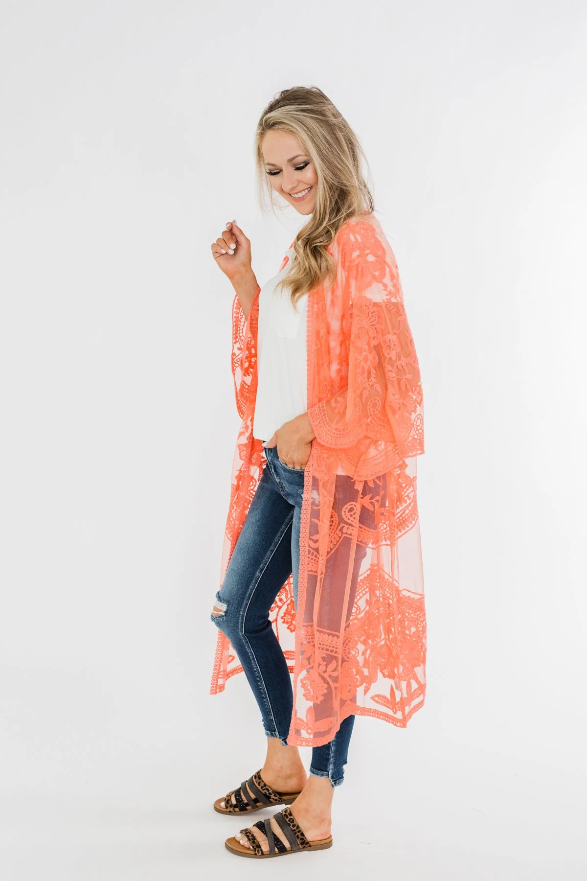 Long Sheer Floral Lace Kimono- Coral - Image 10