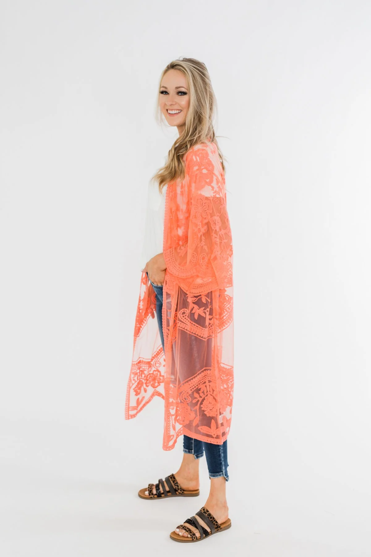 Long Sheer Floral Lace Kimono- Coral - Image 14