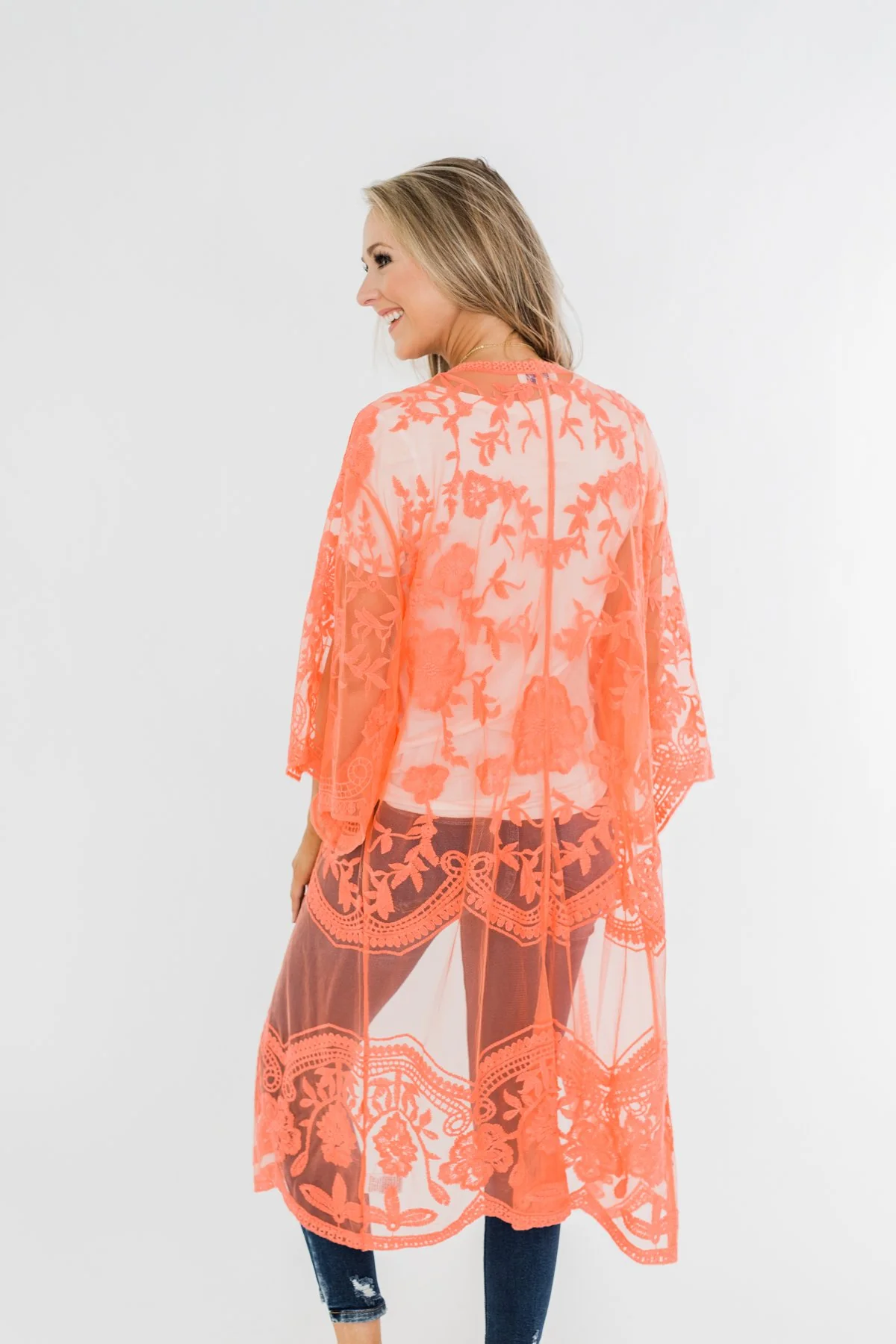 Long Sheer Floral Lace Kimono- Coral - Image 16