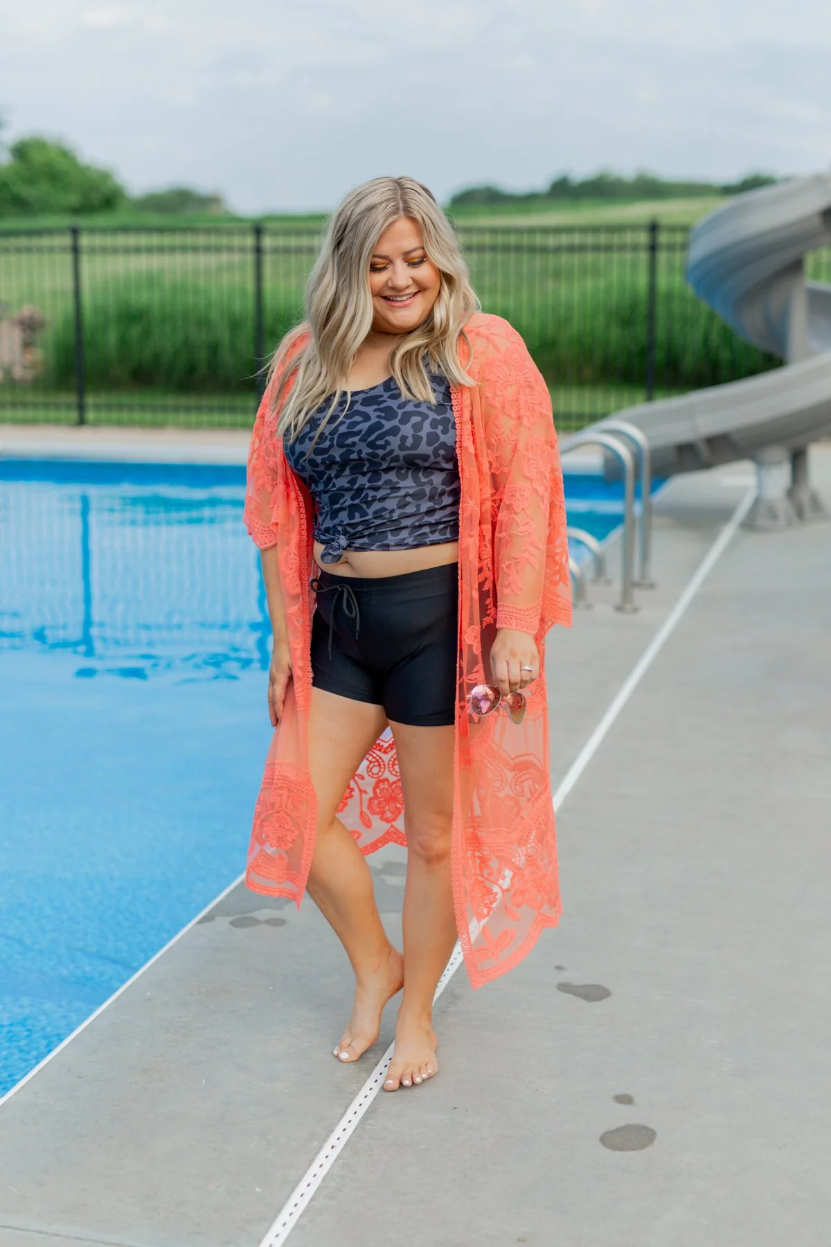 Long Sheer Floral Lace Kimono- Coral - Image 4