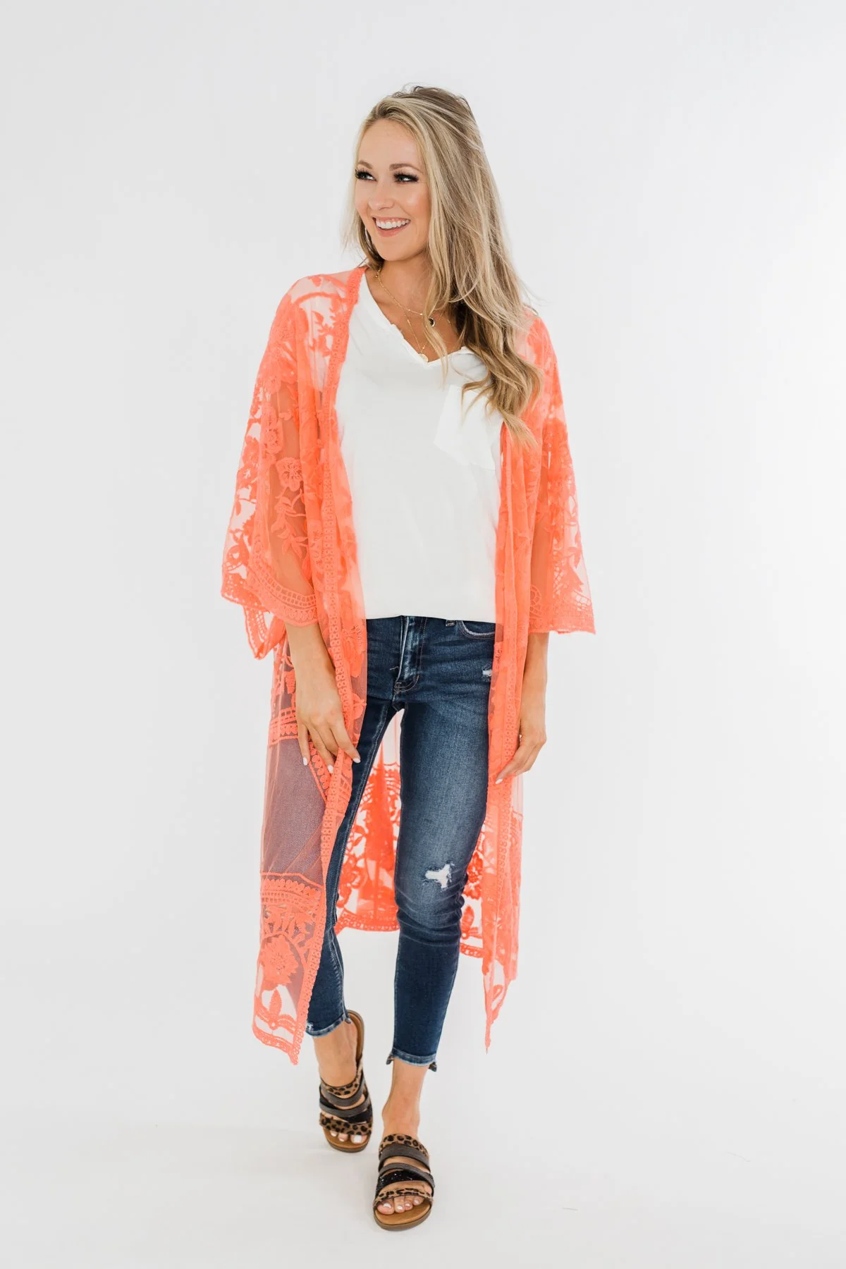 Long Sheer Floral Lace Kimono- Coral - Image 6