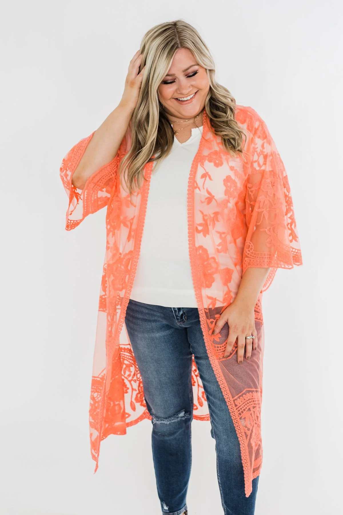 Long Sheer Floral Lace Kimono- Coral - Image 9