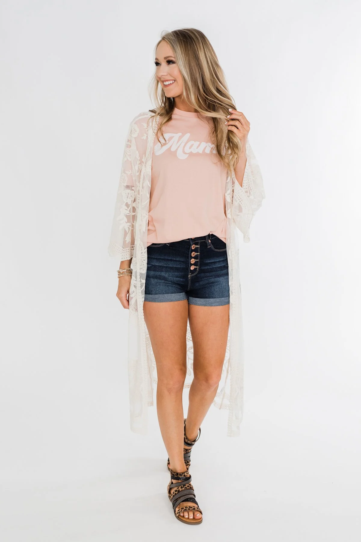Long Sheer Floral Lace Kimono- Cream - Image 10
