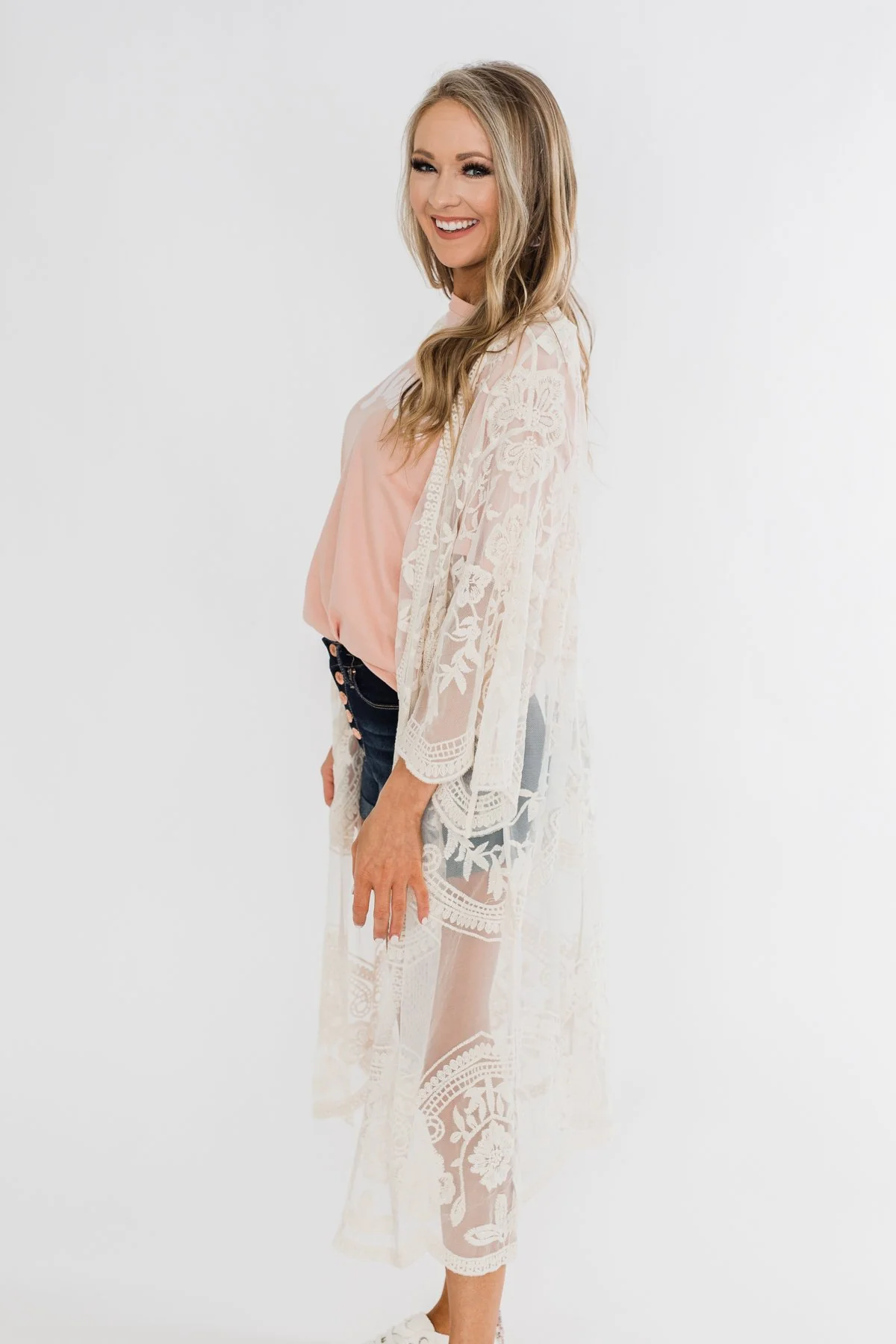 Long Sheer Floral Lace Kimono- Cream - Image 12