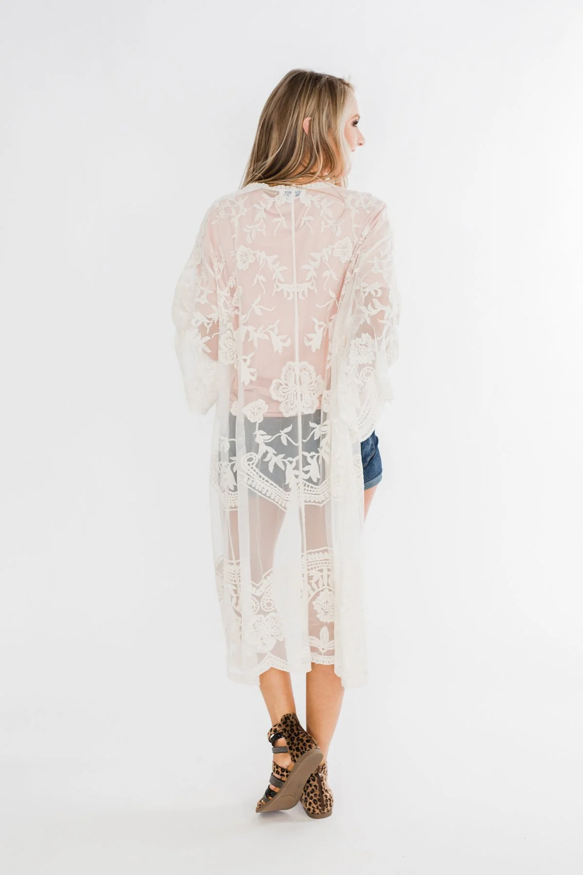 Long Sheer Floral Lace Kimono- Cream - Image 15