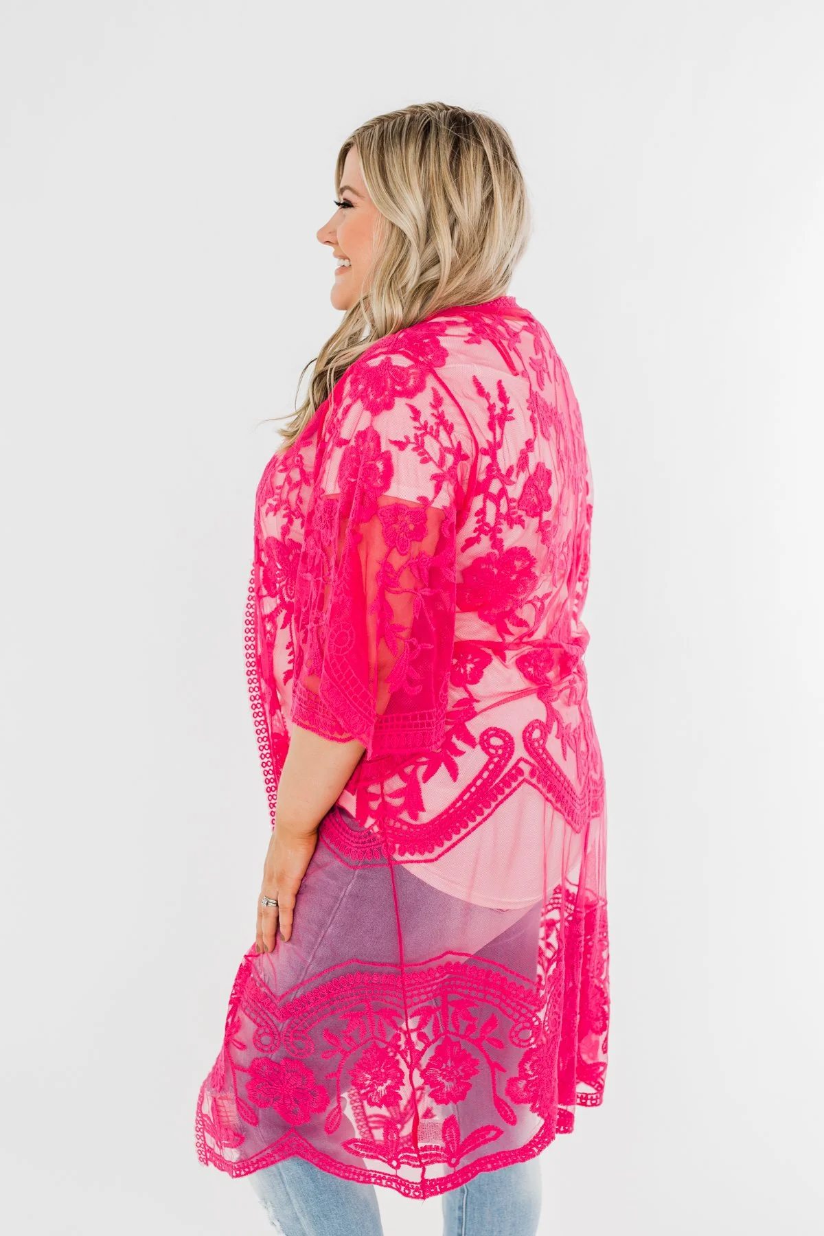 Long Sheer Floral Lace Kimono- Hot Pink - Image 11
